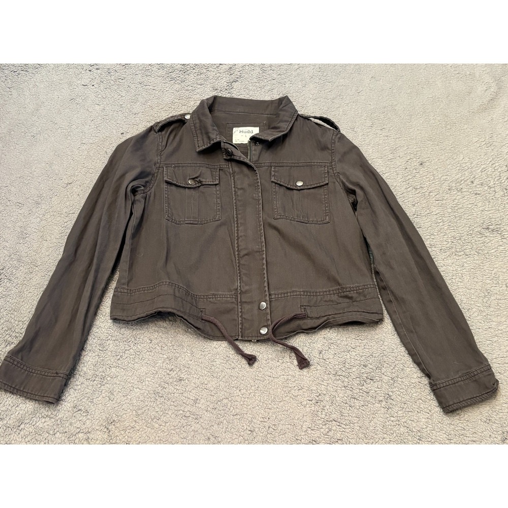 Mudd Jacket Womens Large Gray Cropped Pockets Drawstring Utility Full Zip Snaps